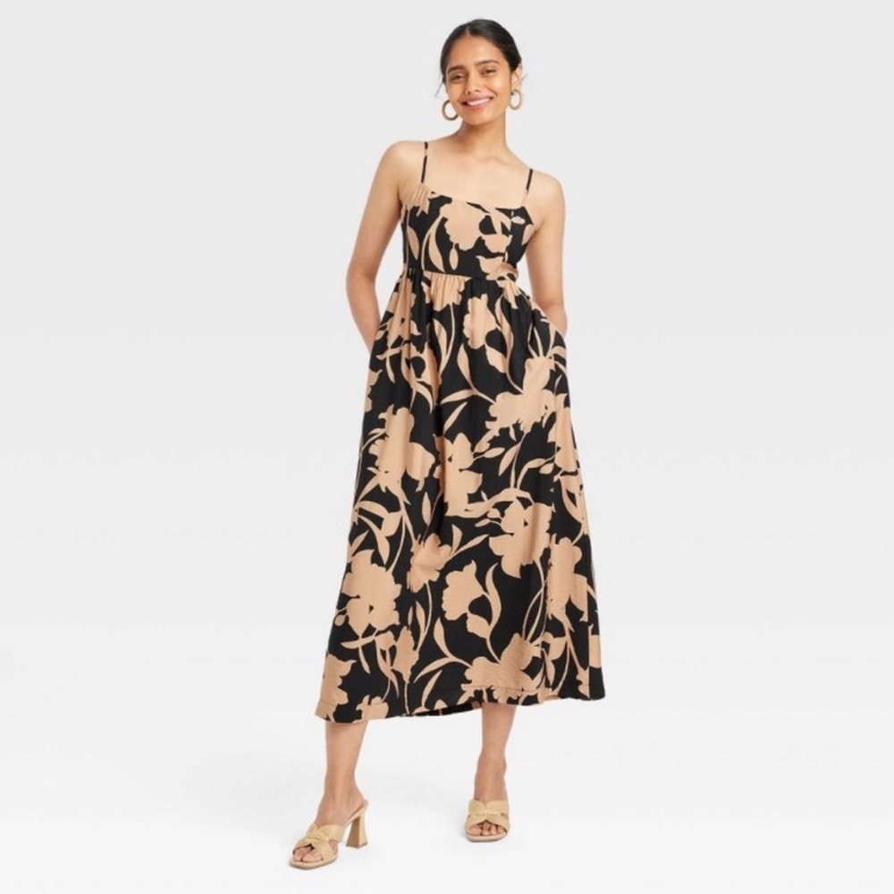 NWT A New Day Best Ever Midi Dress Size XS Black Tan Floral